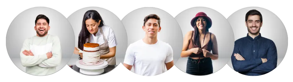 Clientes sonrientes de diferentes perfiles, mostrando diversidad y satisfacción.